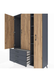 Hyperion Dolap 6 Raflı 3 Çekmeceli Tek Askılı 132x44x195 Antrasit-Çam/Antrasit