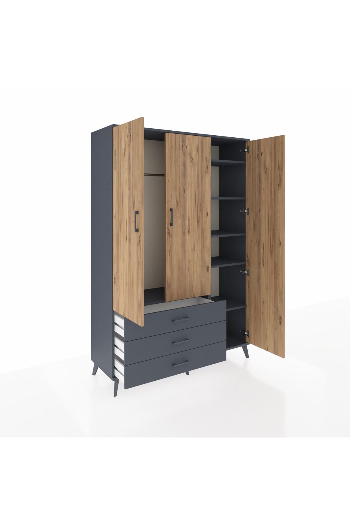 Hyperion Dolap 6 Raflı 3 Çekmeceli Tek Askılı 132x44x195 Antrasit-Çam/Antrasit