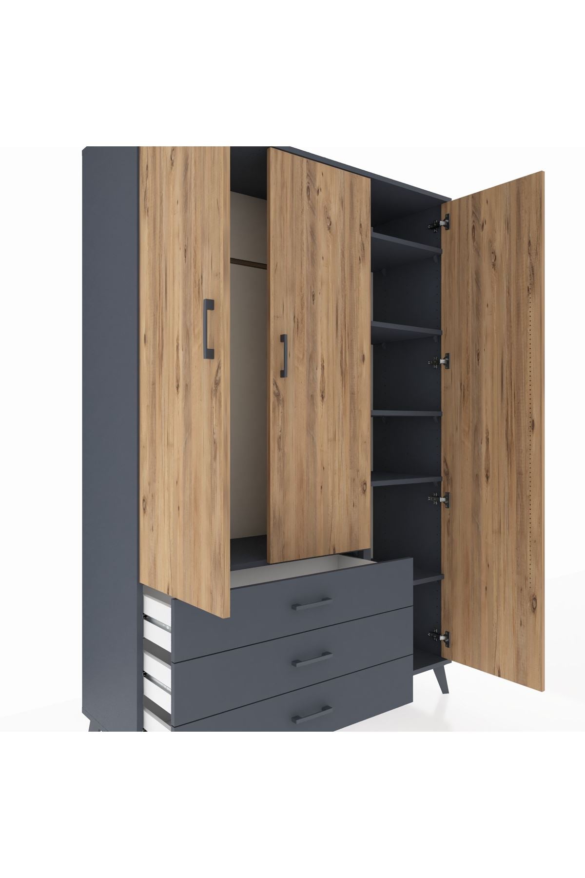 Hyperion Dolap 6 Raflı 3 Çekmeceli Tek Askılı 132x44x195 Antrasit-Çam/Antrasit