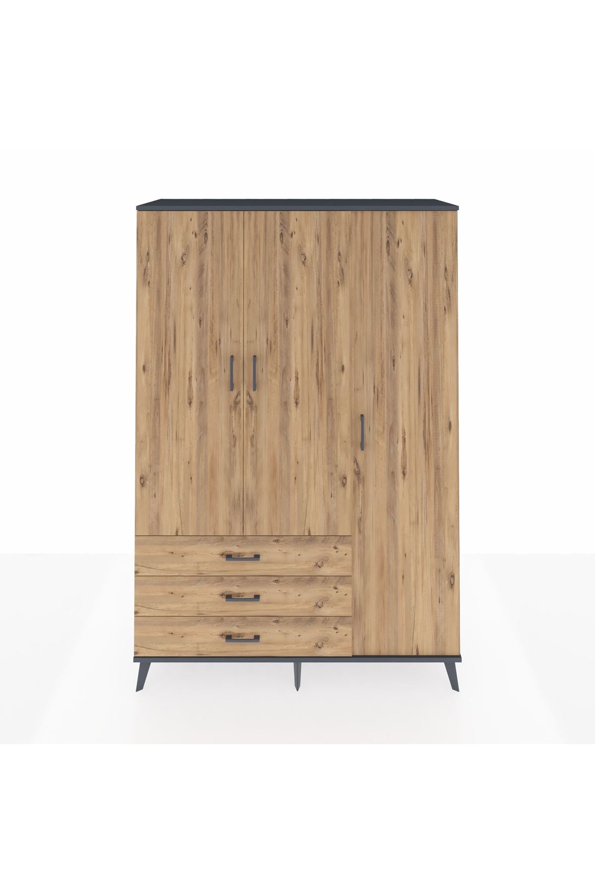 Hyperion Dolap 6 Raflı 3 Çekmeceli Tek Askılı 132x44x195 Antrasit-Çam/Çam