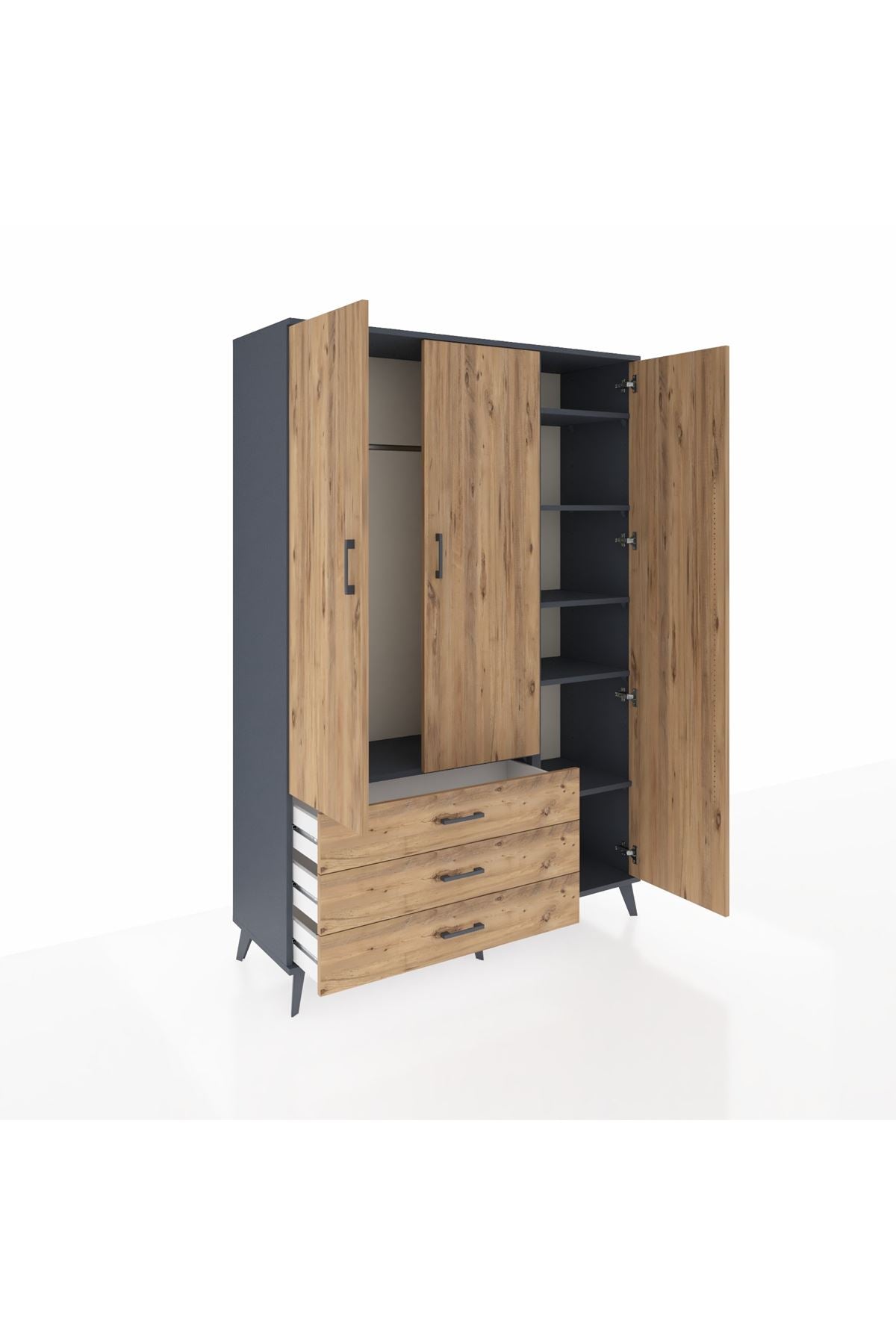 Hyperion Dolap 6 Raflı 3 Çekmeceli Tek Askılı 132x44x195 Antrasit-Çam/Çam