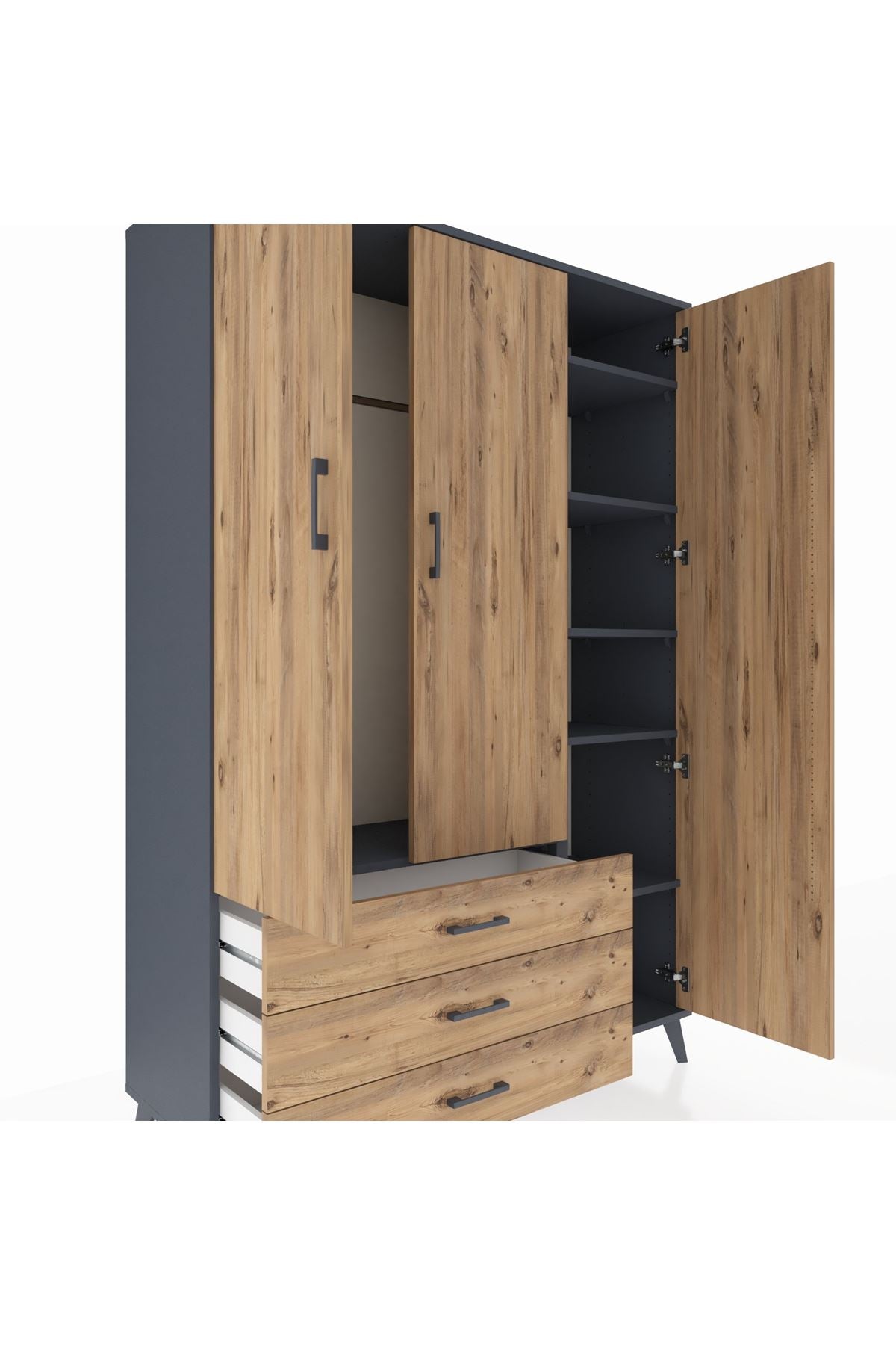 Hyperion Dolap 6 Raflı 3 Çekmeceli Tek Askılı 132x44x195 Antrasit-Çam/Çam