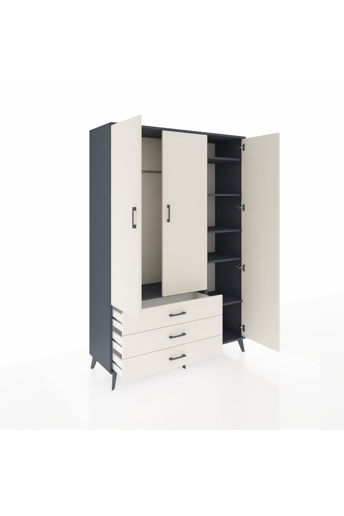 Hyperion Dolap 6 Raflı 3 Çekmeceli Tek Askılı 132x44x195 Antrasit-Aytaşı/Aytaşı