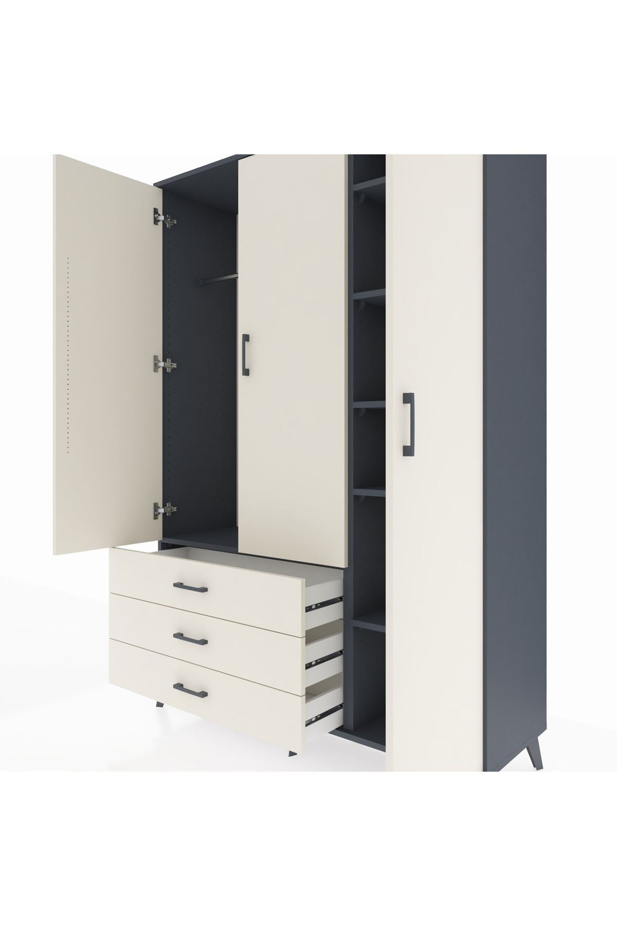 Hyperion Dolap 6 Raflı 3 Çekmeceli Tek Askılı 132x44x195 Antrasit-Aytaşı/Aytaşı