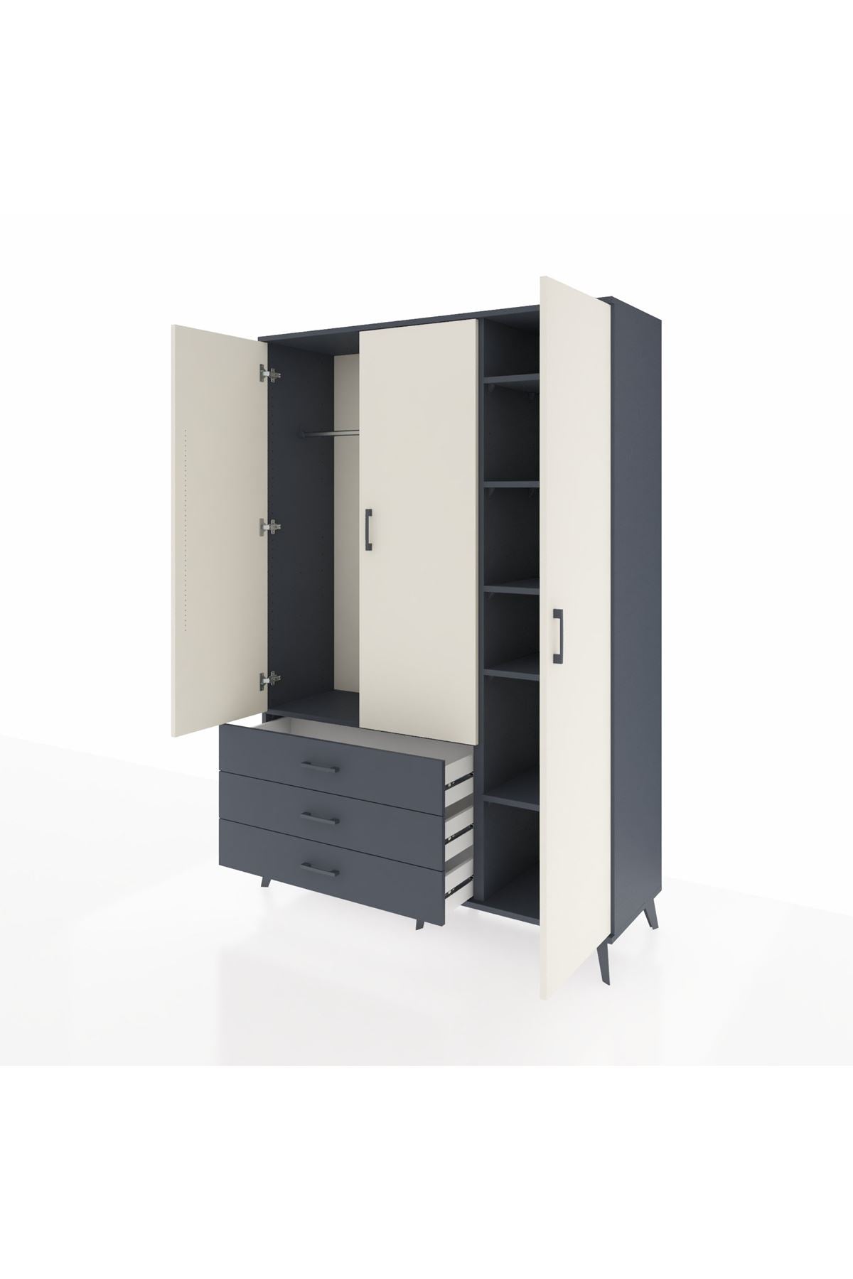 Hyperion Dolap 6 Raflı 3 Çekmeceli Tek Askılı 132x44x195 Antrasit-Aytaşı/Antrasit