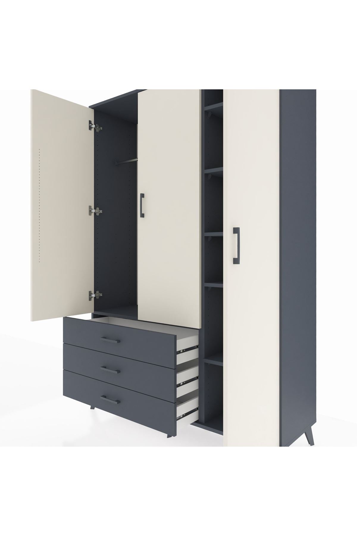 Hyperion Dolap 6 Raflı 3 Çekmeceli Tek Askılı 132x44x195 Antrasit-Aytaşı/Antrasit