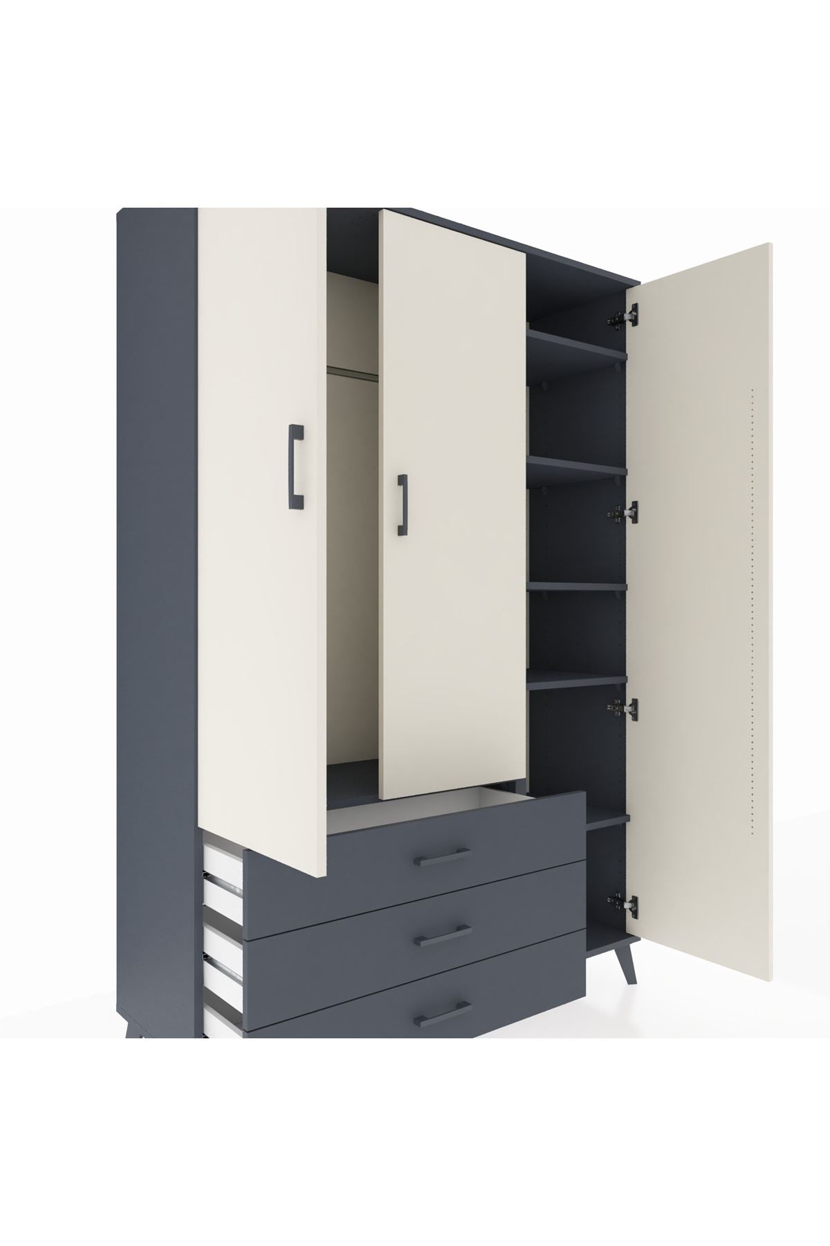 Hyperion Dolap 6 Raflı 3 Çekmeceli Tek Askılı 132x44x195 Antrasit-Aytaşı/Antrasit