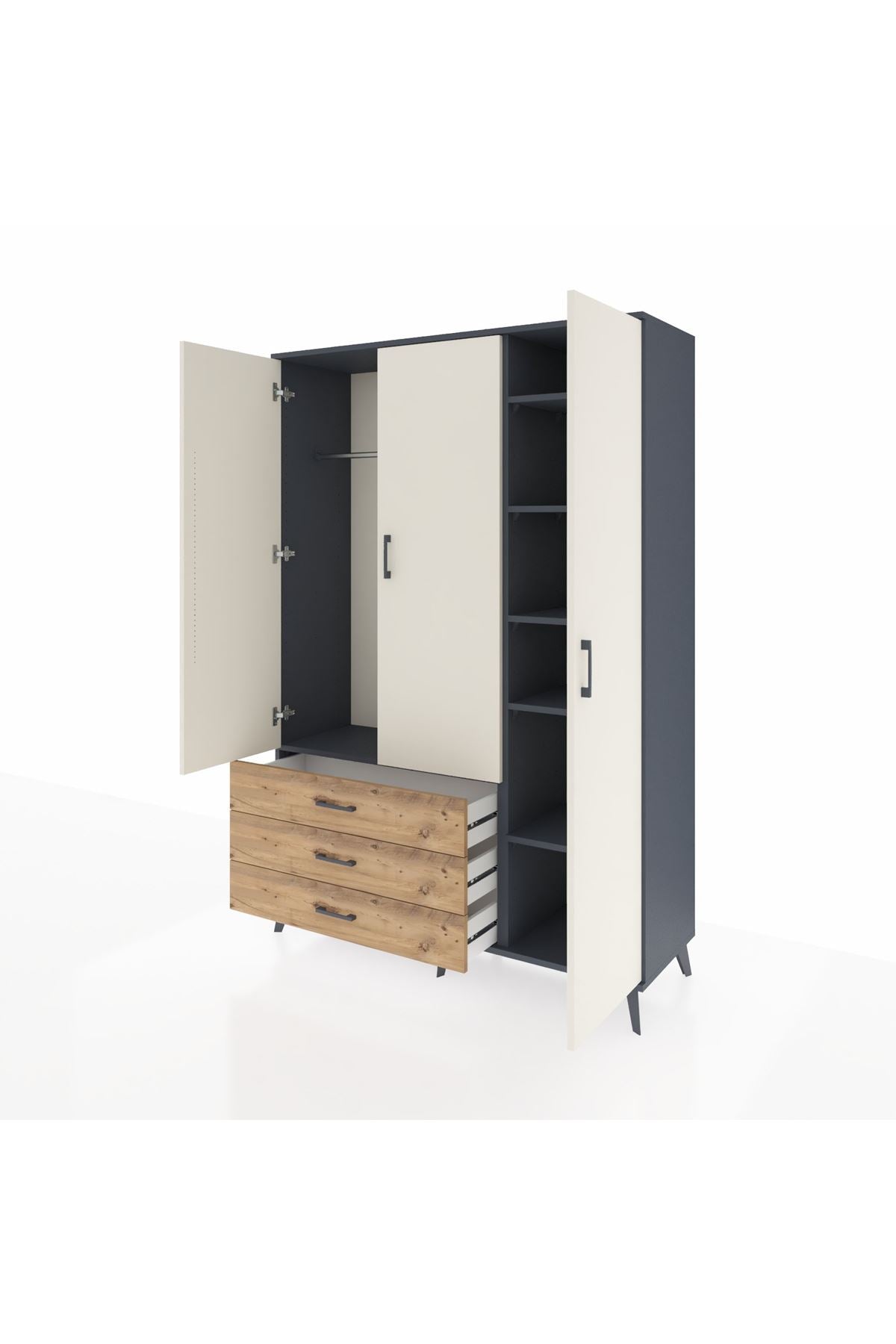 Hyperion Dolap 6 Raflı 3 Çekmeceli Tek Askılı 132x44x195 Antrasit-Aytaşı/Çam