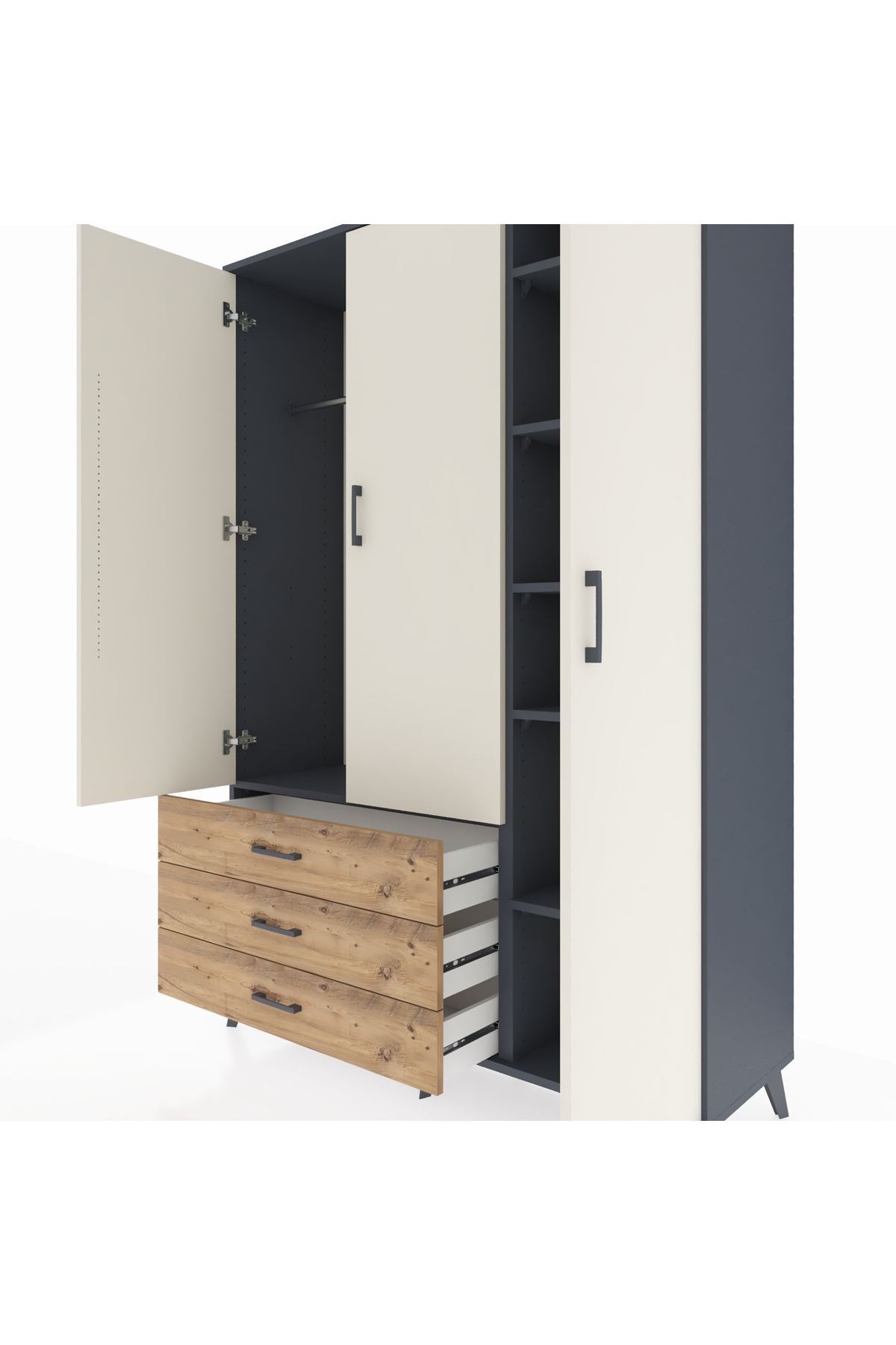 Hyperion Dolap 6 Raflı 3 Çekmeceli Tek Askılı 132x44x195 Antrasit-Aytaşı/Çam