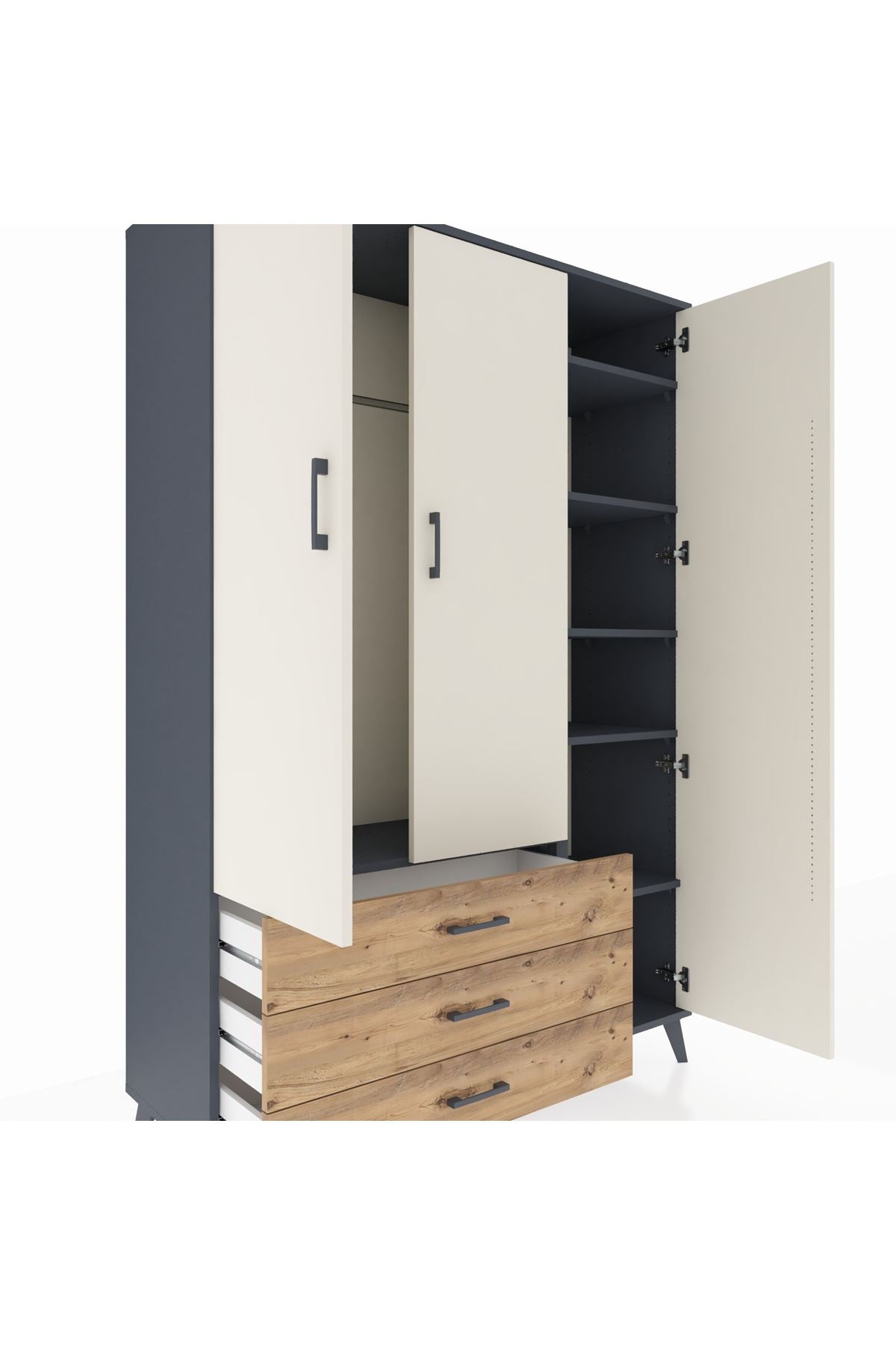 Hyperion Dolap 6 Raflı 3 Çekmeceli Tek Askılı 132x44x195 Antrasit-Aytaşı/Çam