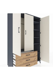 Hyperion Dolap 6 Raflı 3 Çekmeceli Tek Askılı 132x44x195 Antrasit-Aytaşı/Çam