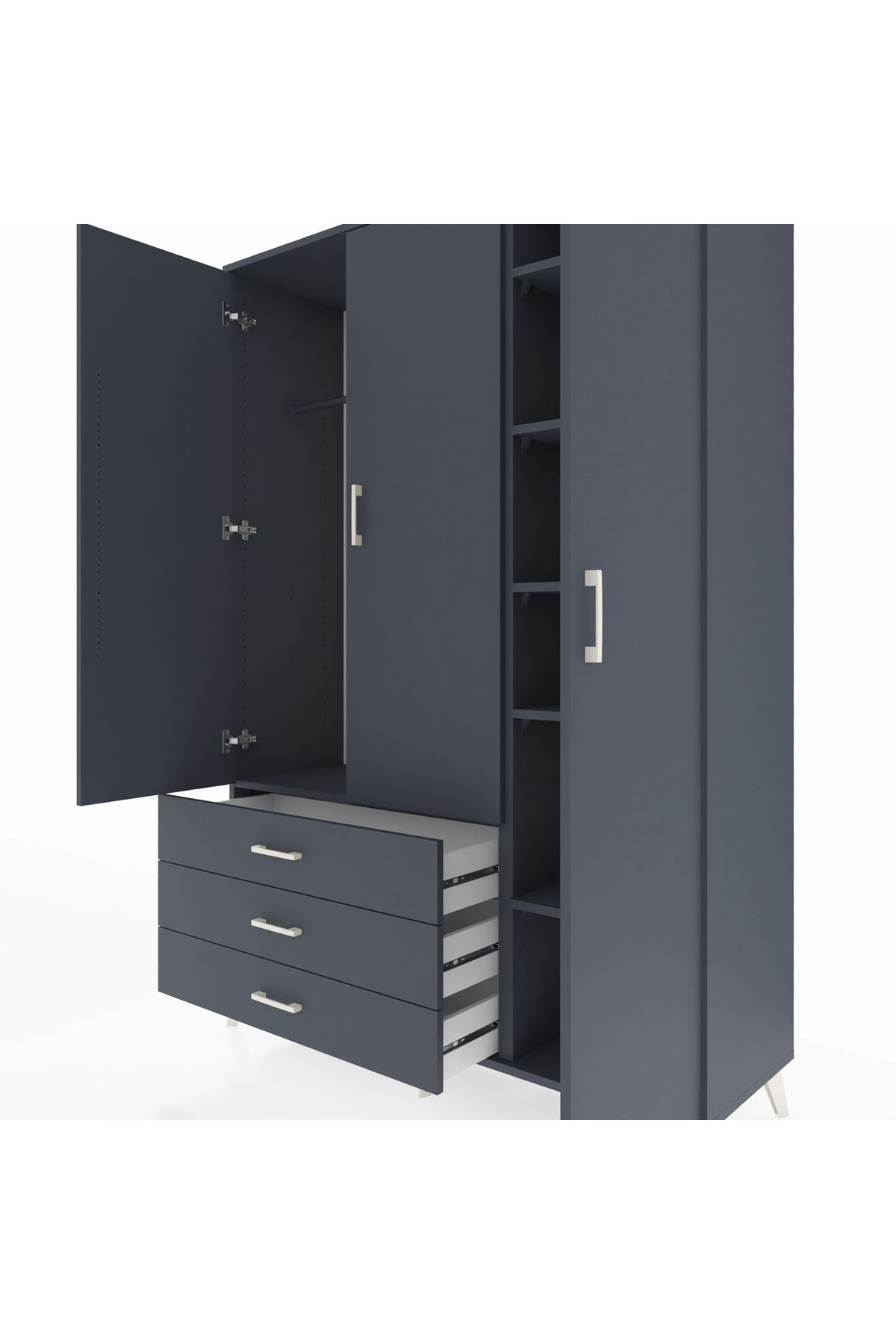 Hyperion Dolap 6 Raflı 3 Çekmeceli Tek Askılı 132x44x195 Antrasit-Antrasit/Antrasit
