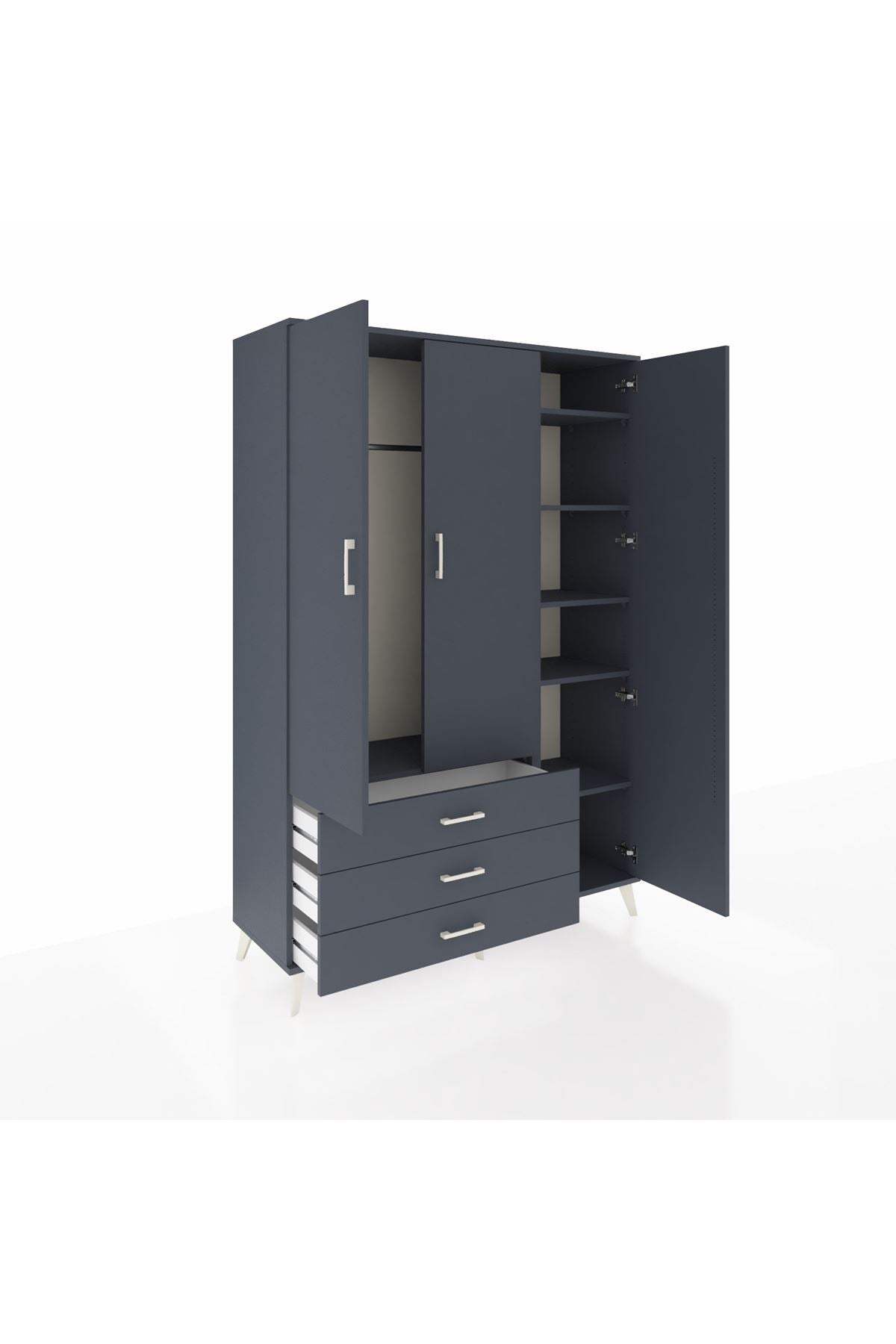 Hyperion Dolap 6 Raflı 3 Çekmeceli Tek Askılı 132x44x195 Antrasit-Antrasit/Antrasit