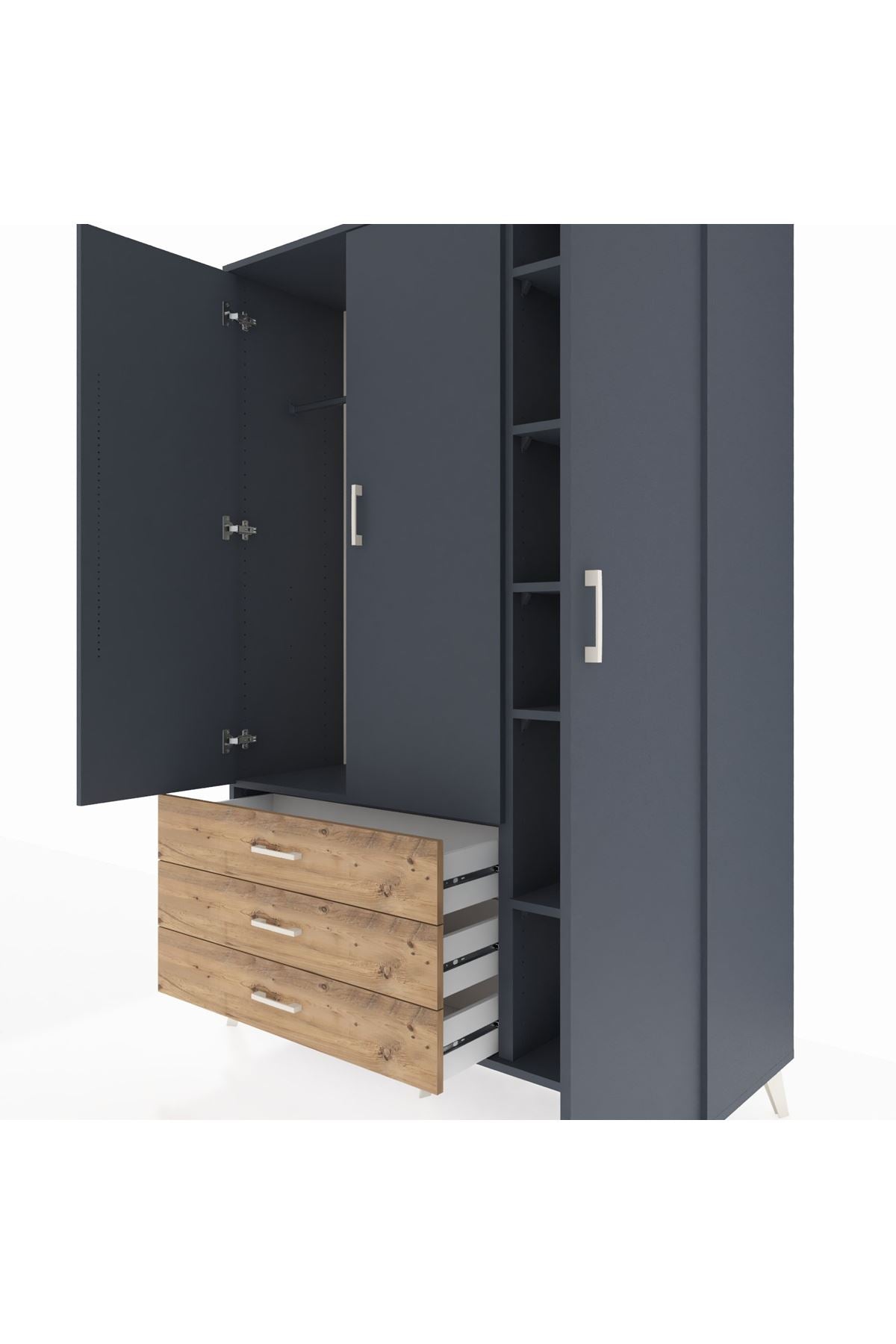 Hyperion Dolap 6 Raflı 3 Çekmeceli Tek Askılı 132x44x195 Antrasit-Antrasit/Çam