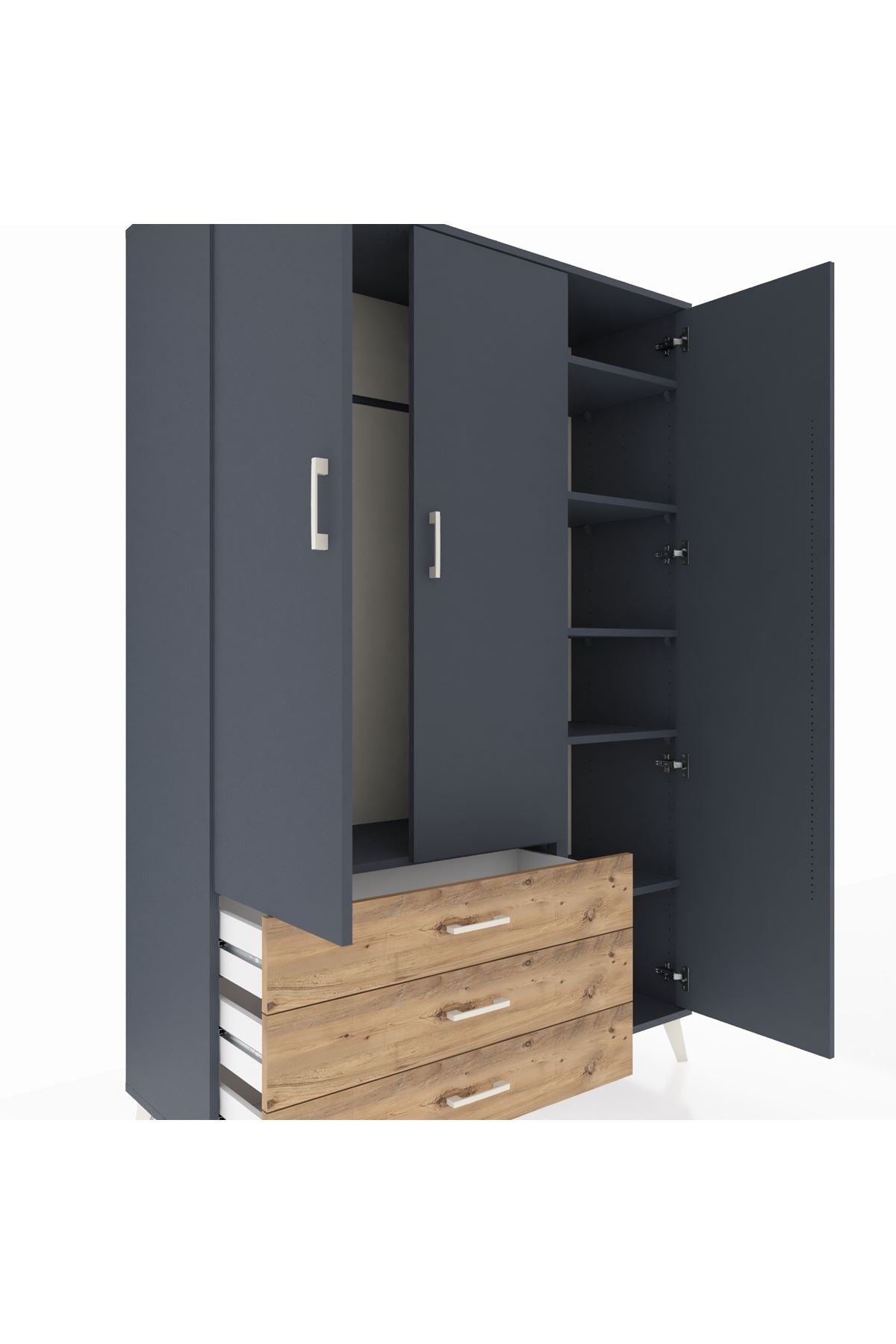 Hyperion Dolap 6 Raflı 3 Çekmeceli Tek Askılı 132x44x195 Antrasit-Antrasit/Çam