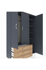 Hyperion Dolap 6 Raflı 3 Çekmeceli Tek Askılı 132x44x195 Antrasit-Antrasit/Çam