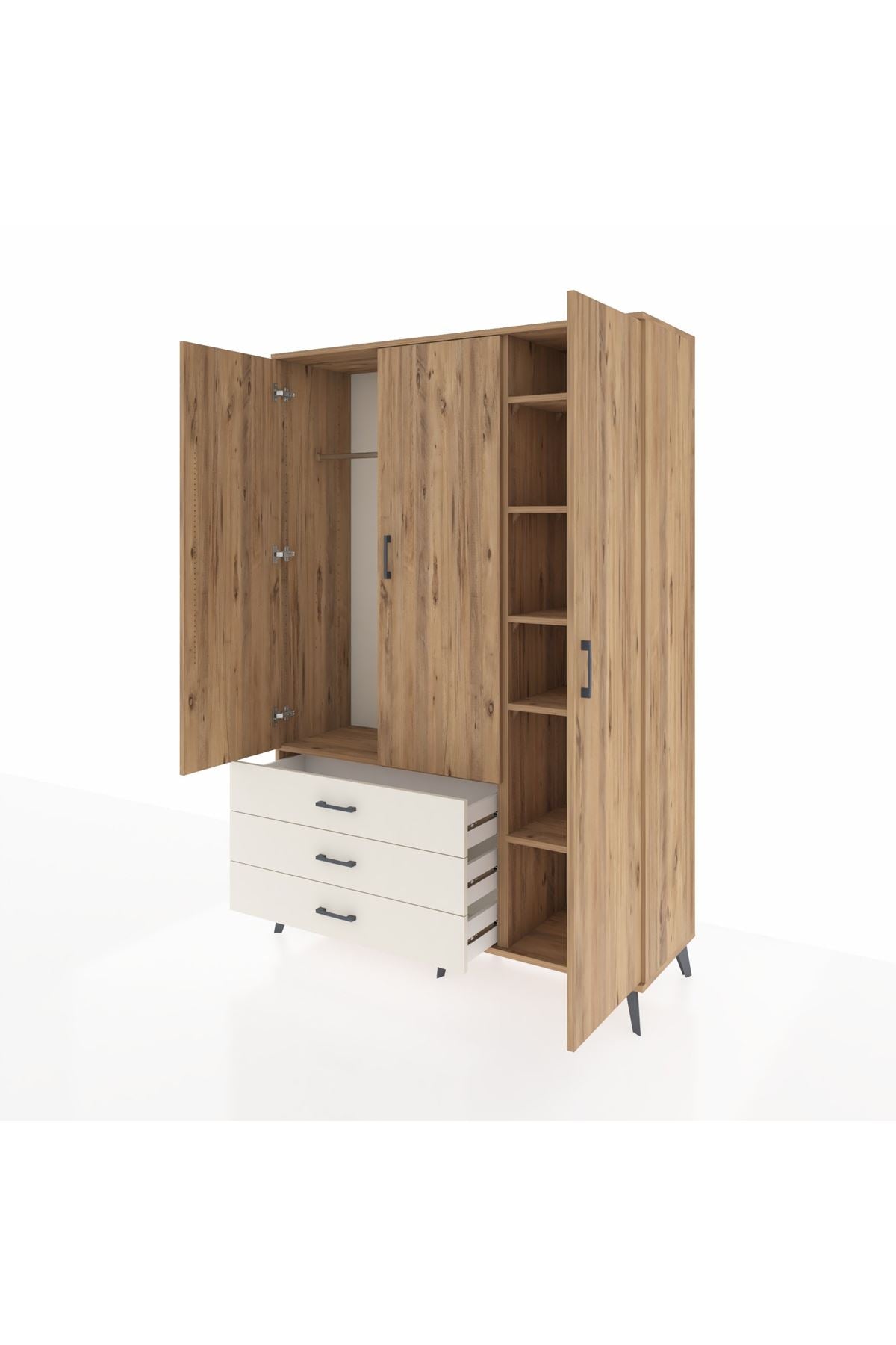 Hyperion Dolap 6 Raflı 3 Çekmeceli Tek Askılı 132x44x195 Çam-Çam/Aytaşı