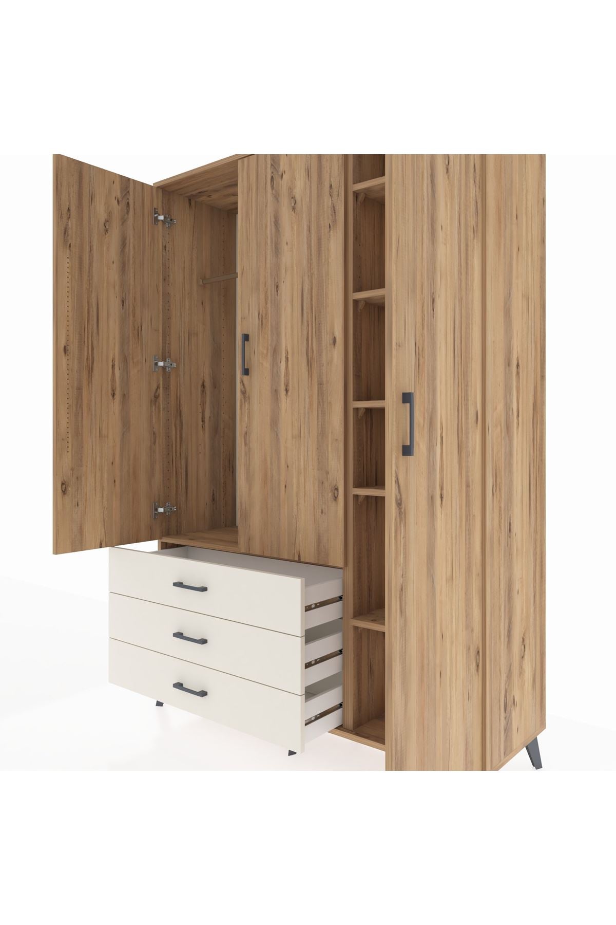 Hyperion Dolap 6 Raflı 3 Çekmeceli Tek Askılı 132x44x195 Çam-Çam/Aytaşı