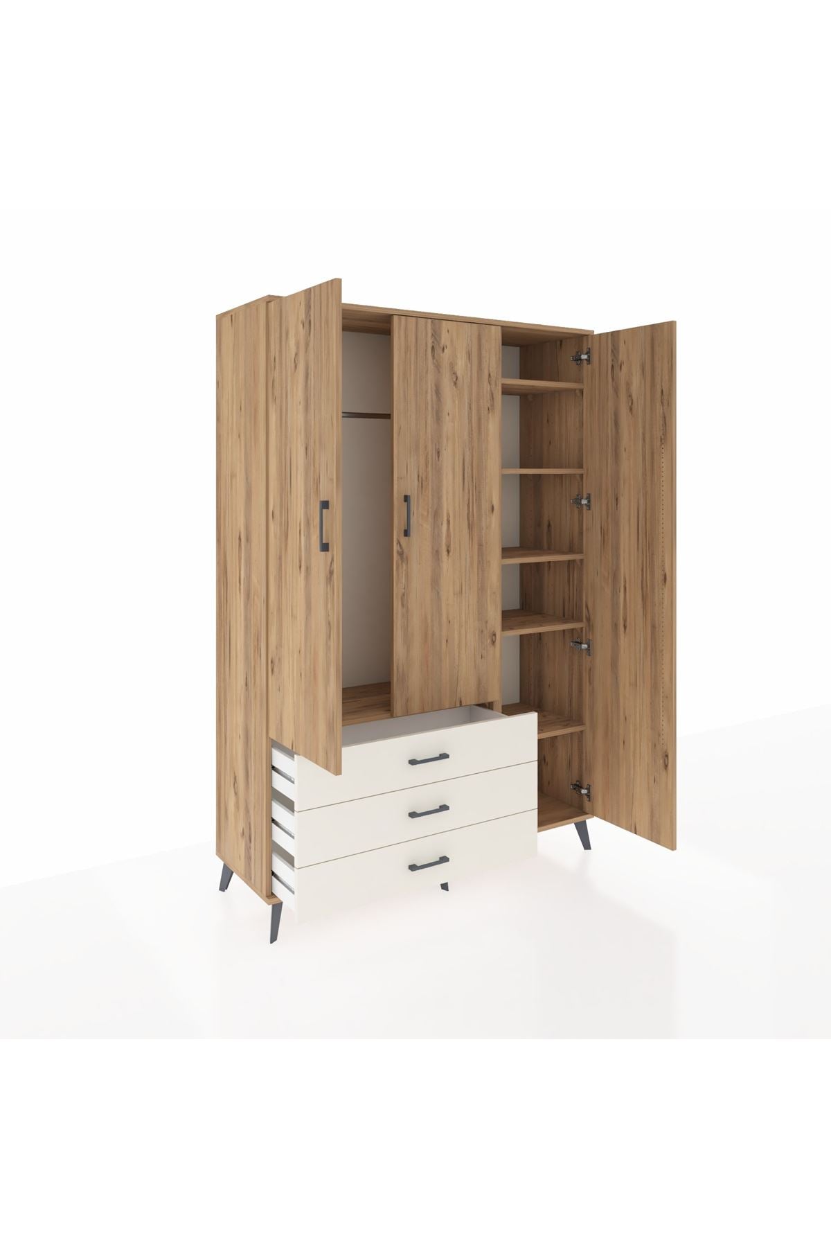 Hyperion Dolap 6 Raflı 3 Çekmeceli Tek Askılı 132x44x195 Çam-Çam/Aytaşı