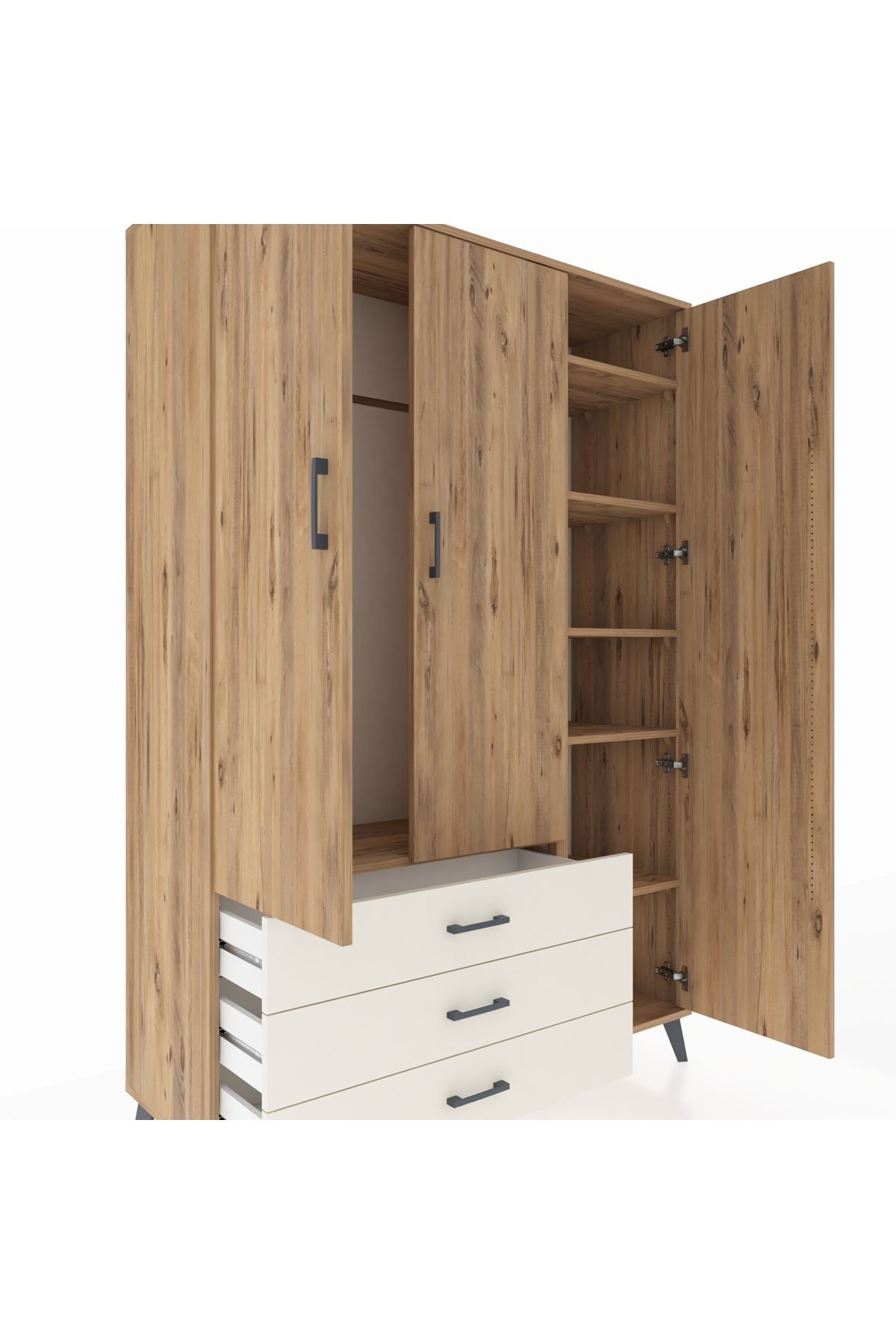 Hyperion Dolap 6 Raflı 3 Çekmeceli Tek Askılı 132x44x195 Çam-Çam/Aytaşı