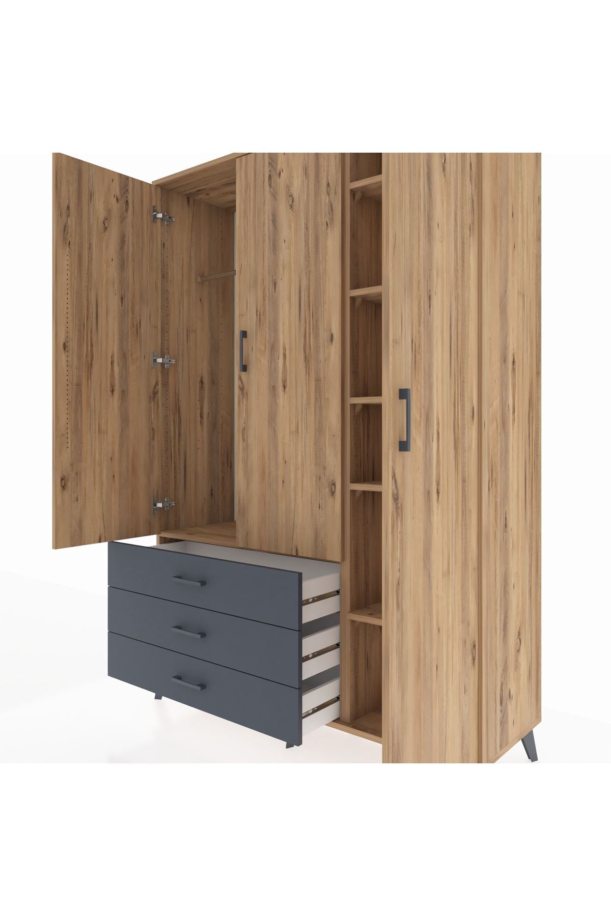 Hyperion Dolap 6 Raflı 3 Çekmeceli Tek Askılı 132x44x195 Çam-Çam/Antrasit