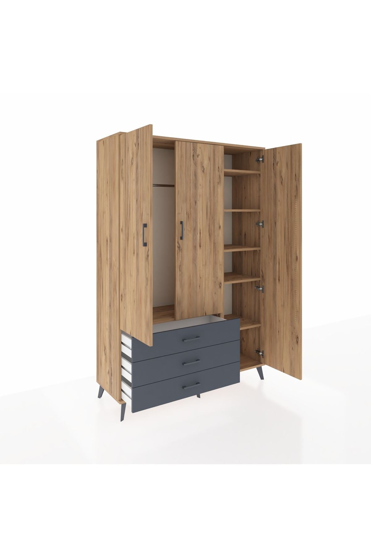 Hyperion Dolap 6 Raflı 3 Çekmeceli Tek Askılı 132x44x195 Çam-Çam/Antrasit