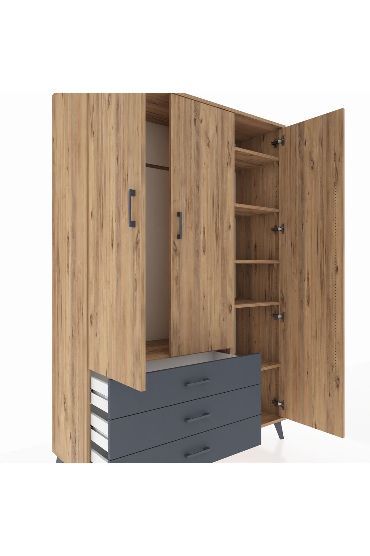 Hyperion Dolap 6 Raflı 3 Çekmeceli Tek Askılı 132x44x195 Çam-Çam/Antrasit