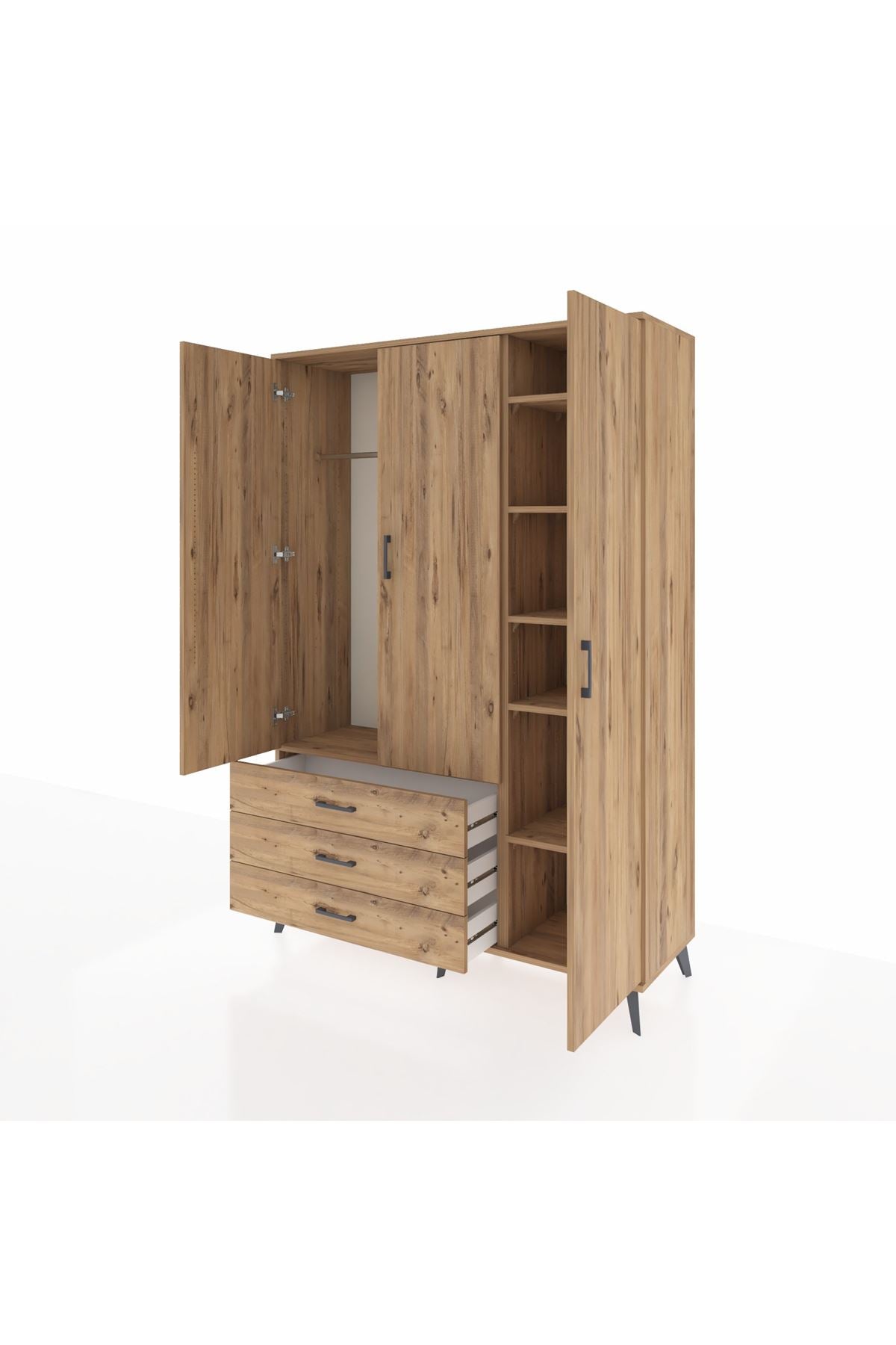 Hyperion Dolap 6 Raflı 3 Çekmeceli Tek Askılı 132x44x195 Çam-Çam/Çam