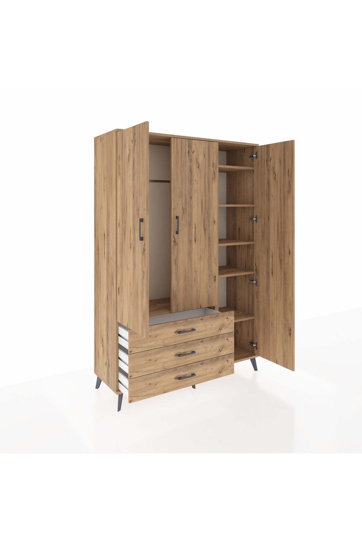 Hyperion Dolap 6 Raflı 3 Çekmeceli Tek Askılı 132x44x195 Çam-Çam/Çam