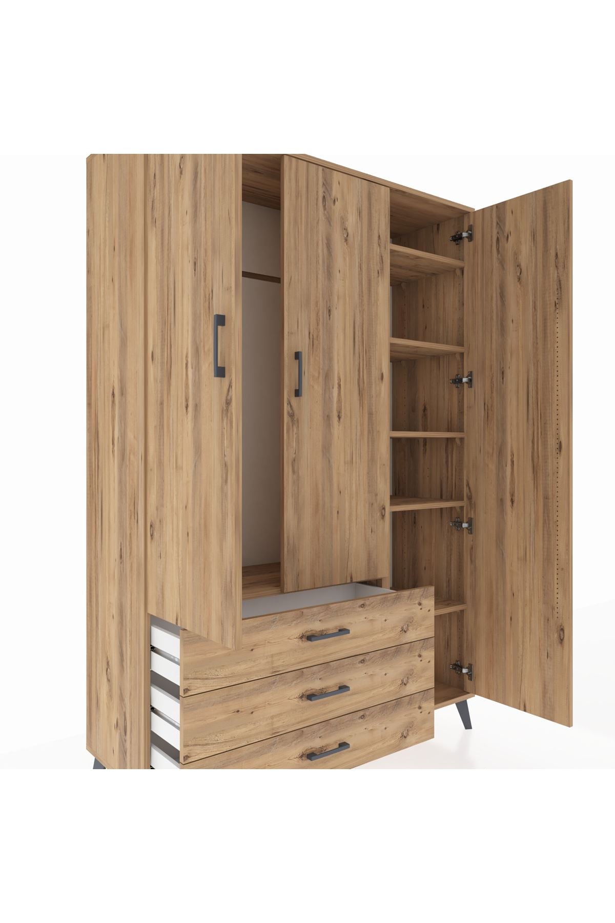 Hyperion Dolap 6 Raflı 3 Çekmeceli Tek Askılı 132x44x195 Çam-Çam/Çam