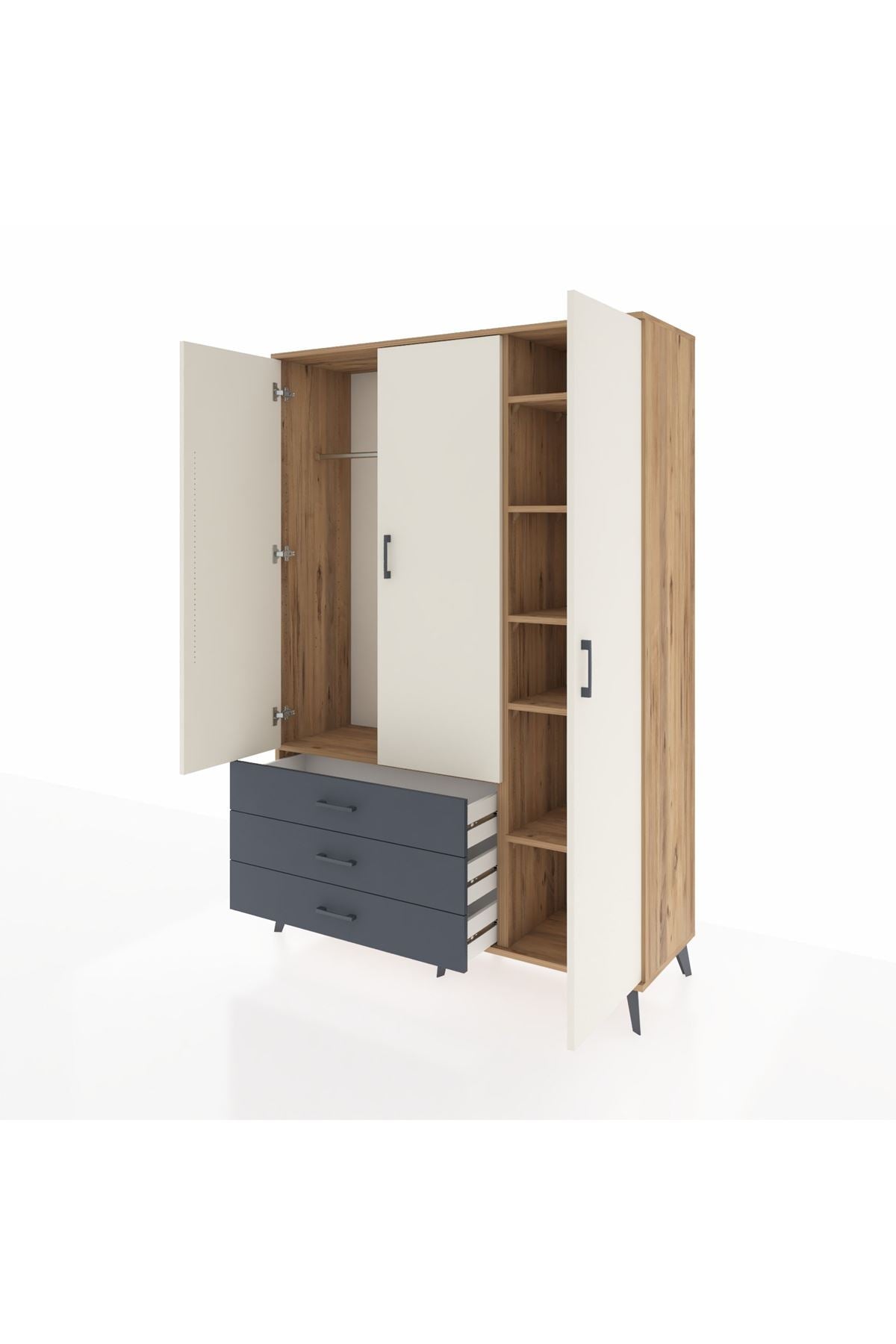 Hyperion Dolap 6 Raflı 3 Çekmeceli Tek Askılı 132x44x195 Çam-Aytaşı/Antrasit