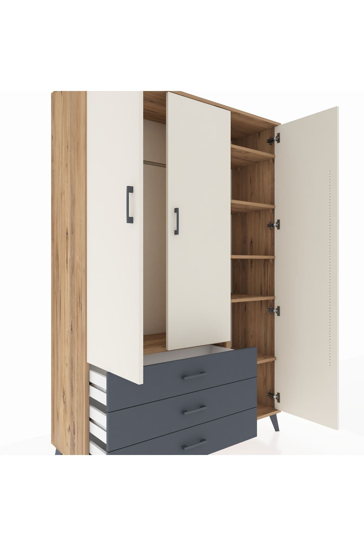 Hyperion Dolap 6 Raflı 3 Çekmeceli Tek Askılı 132x44x195 Çam-Aytaşı/Antrasit