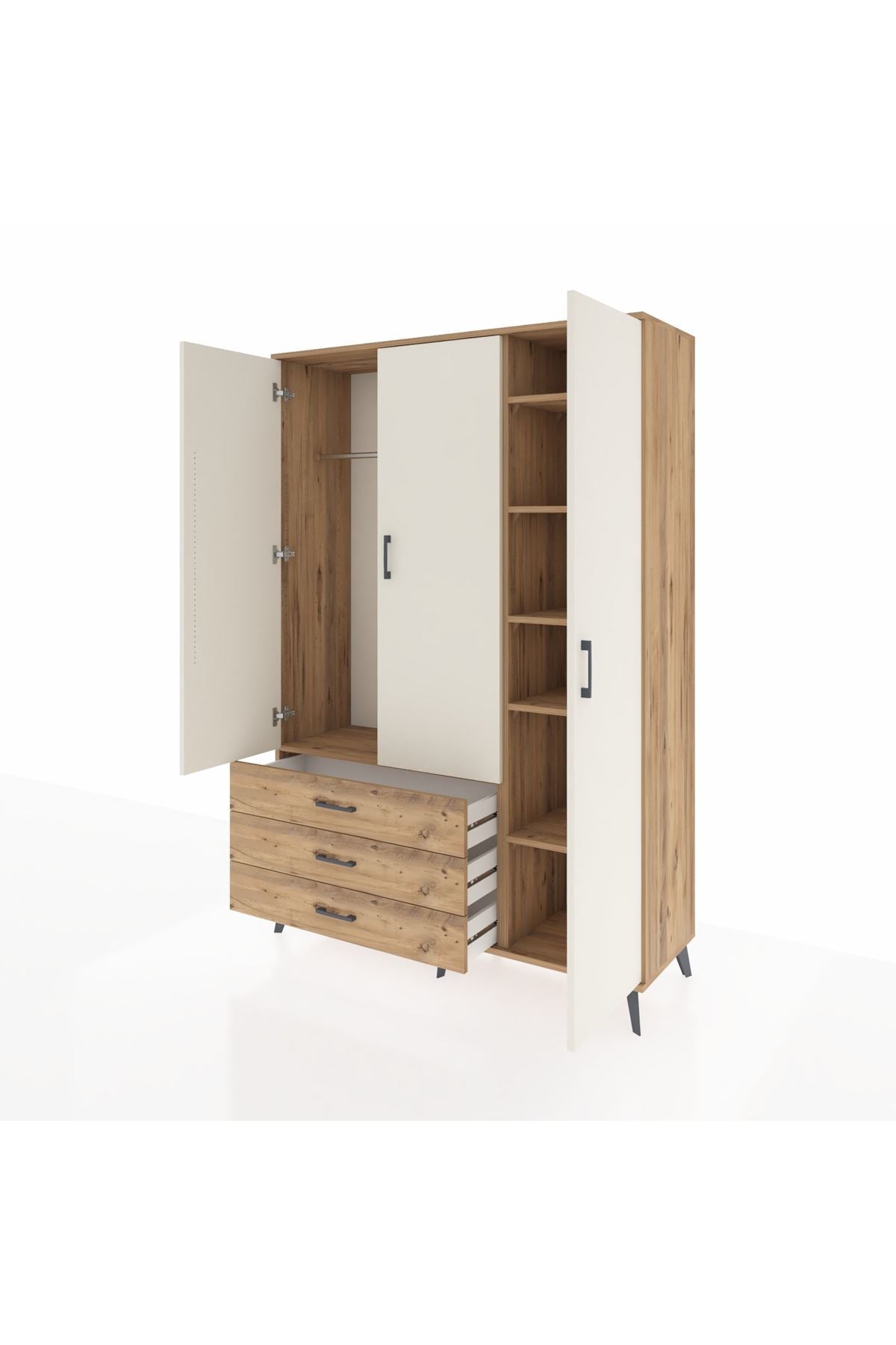 Hyperion Dolap 6 Raflı 3 Çekmeceli Tek Askılı 132x44x195 Çam-Aytaşı/Çam