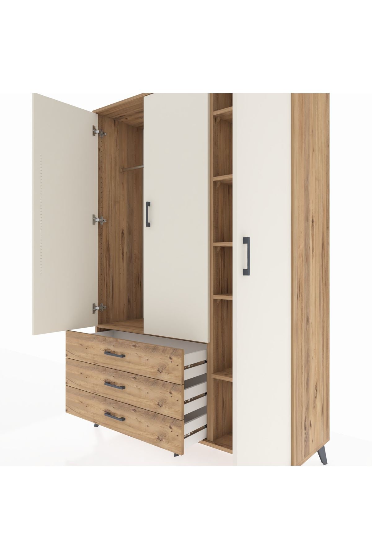 Hyperion Dolap 6 Raflı 3 Çekmeceli Tek Askılı 132x44x195 Çam-Aytaşı/Çam