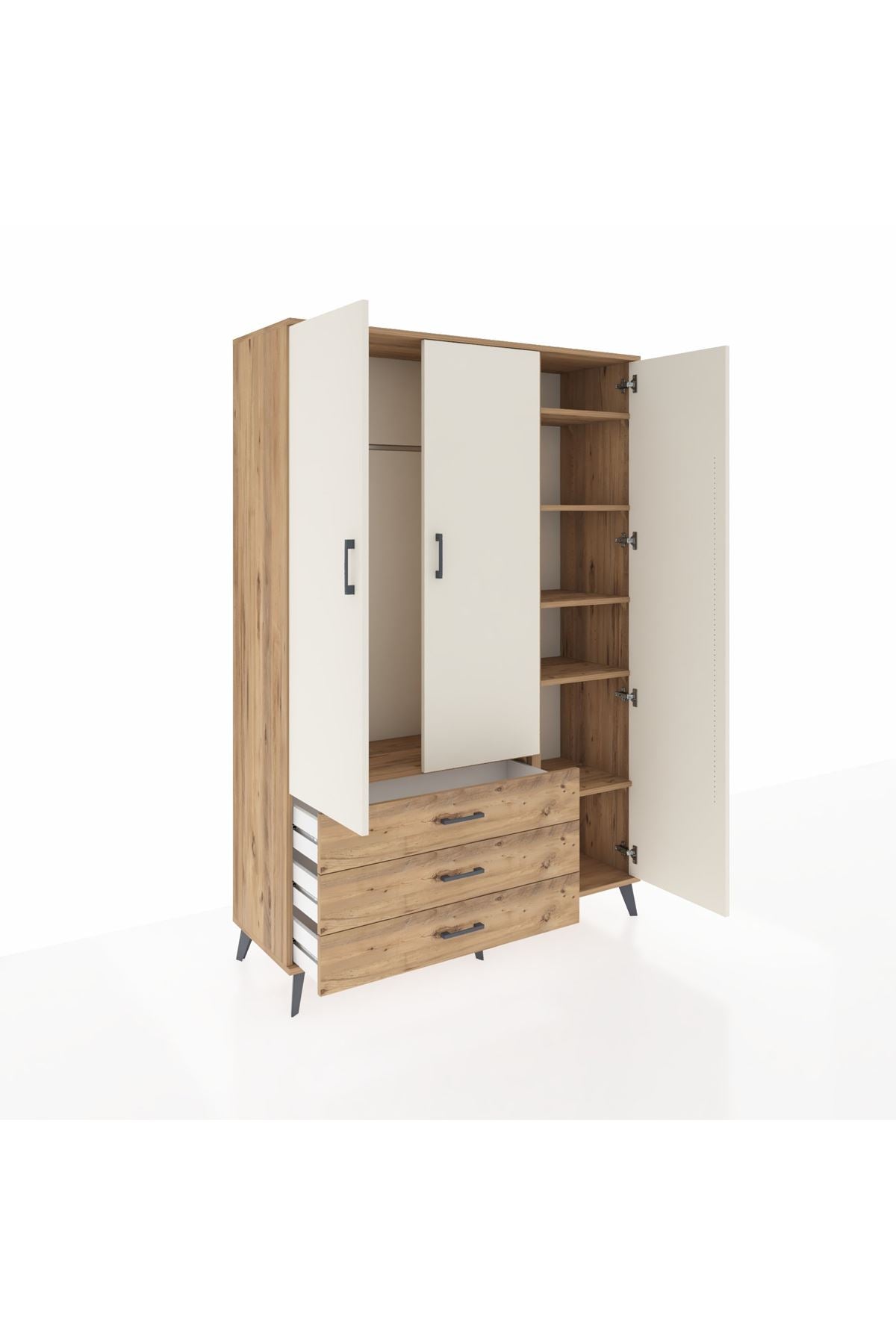 Hyperion Dolap 6 Raflı 3 Çekmeceli Tek Askılı 132x44x195 Çam-Aytaşı/Çam