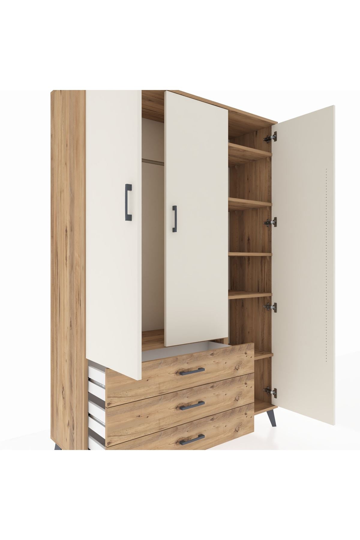 Hyperion Dolap 6 Raflı 3 Çekmeceli Tek Askılı 132x44x195 Çam-Aytaşı/Çam