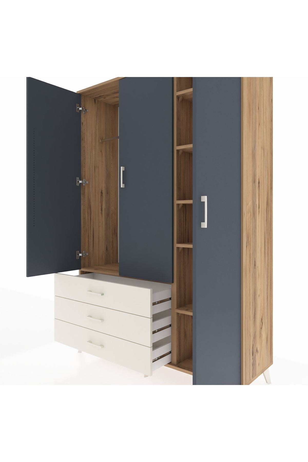 Hyperion Dolap 6 Raflı 3 Çekmeceli Tek Askılı 132x44x195 Çam-Antrasit/Aytaşı