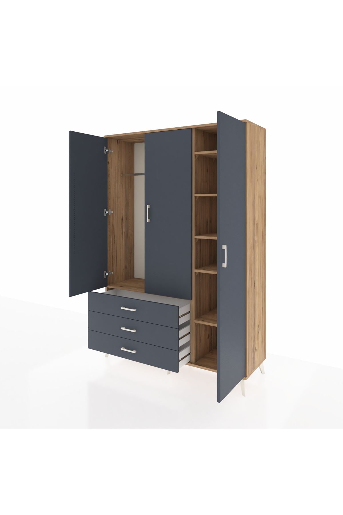 Hyperion Dolap 6 Raflı 3 Çekmeceli Tek Askılı 132x44x195 Çam-Antrasit/Antrasit