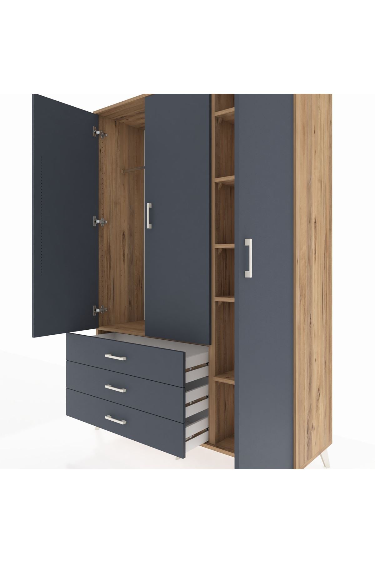 Hyperion Dolap 6 Raflı 3 Çekmeceli Tek Askılı 132x44x195 Çam-Antrasit/Antrasit