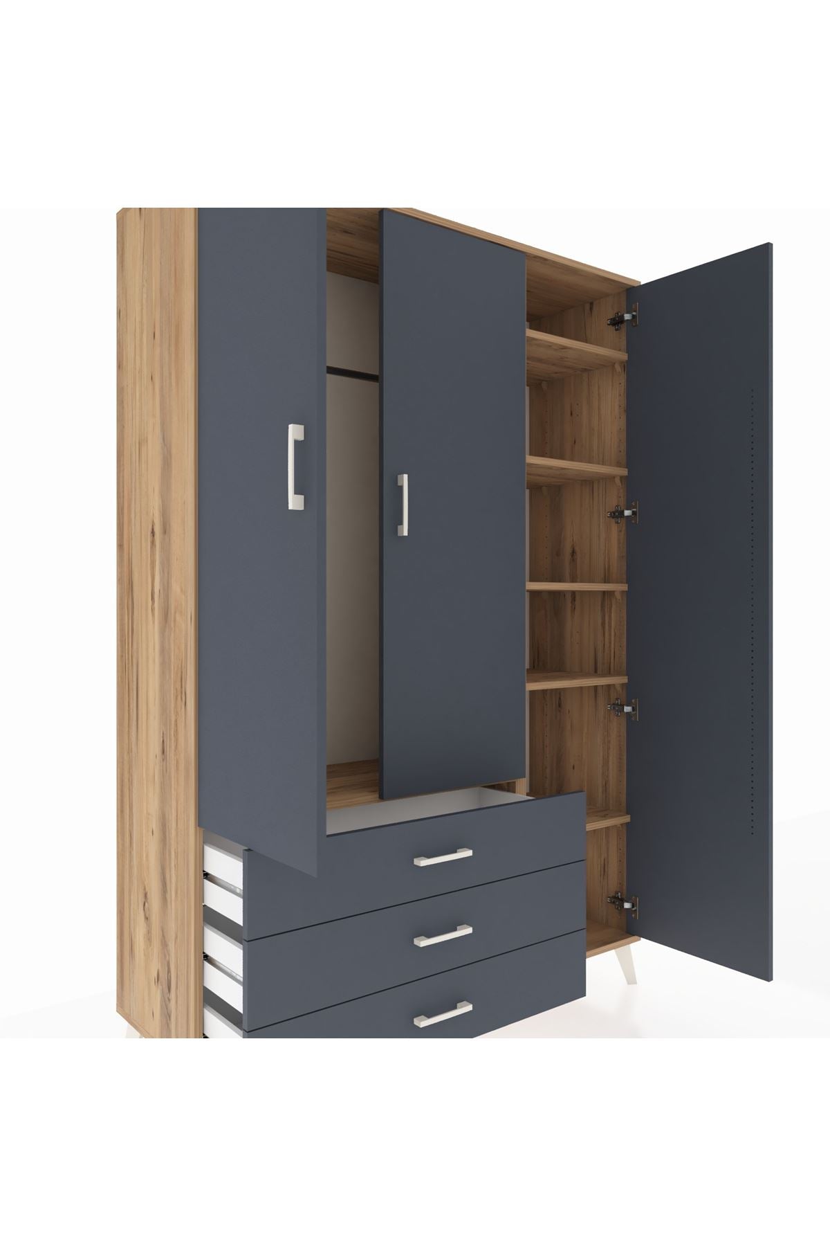 Hyperion Dolap 6 Raflı 3 Çekmeceli Tek Askılı 132x44x195 Çam-Antrasit/Antrasit