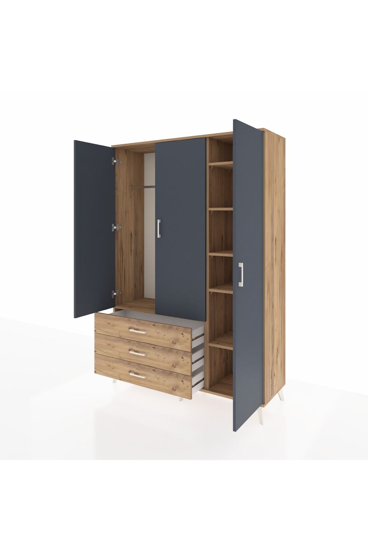 Hyperion Dolap 6 Raflı 3 Çekmeceli Tek Askılı 132x44x195 Çam-Antrasit/Çam