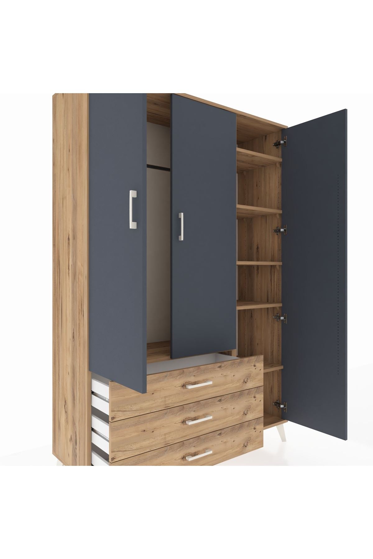 Hyperion Dolap 6 Raflı 3 Çekmeceli Tek Askılı 132x44x195 Çam-Antrasit/Çam