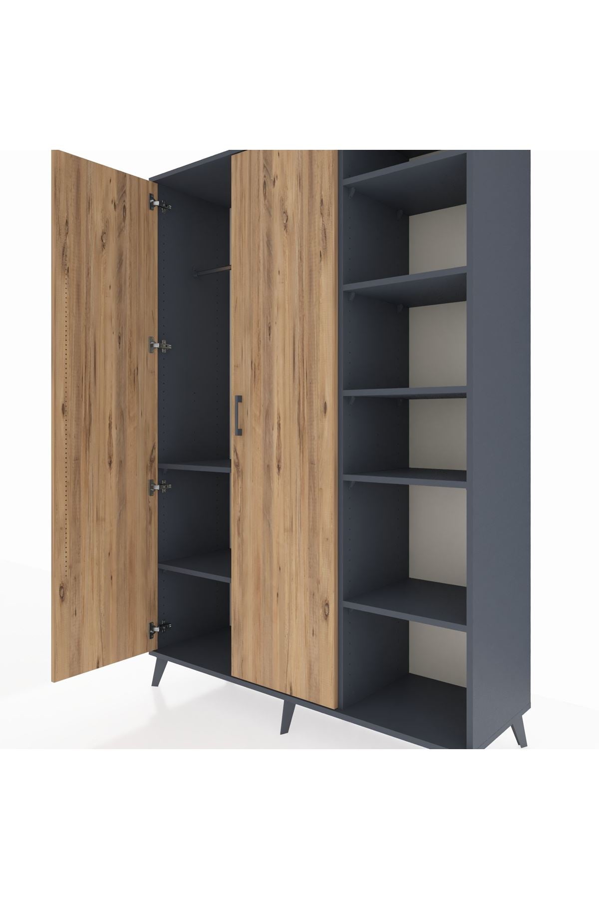 Hyperion Dolap 7 Raflı 2 Kapaklı Tek Askılı 132x44x195 Antrasit-Çam/Aytaşı