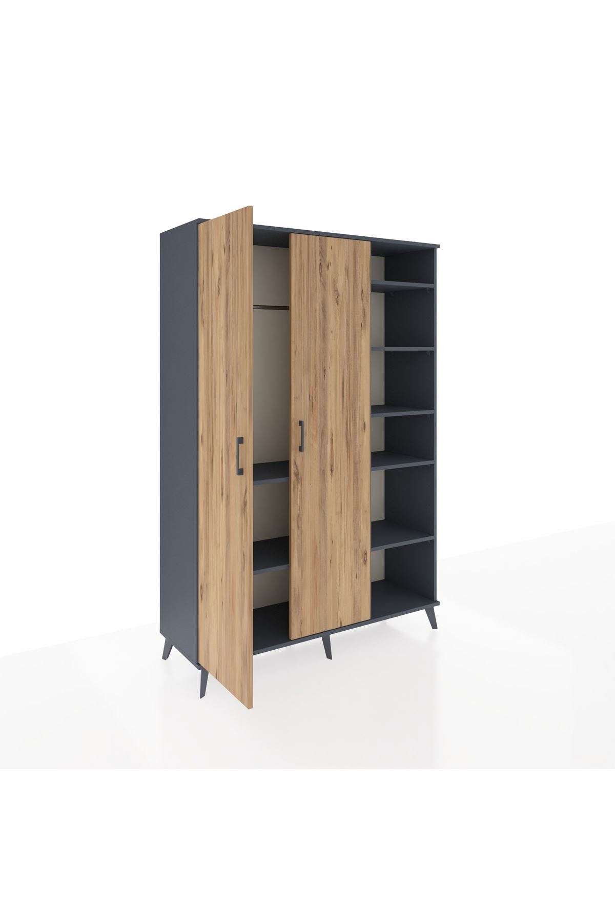 Hyperion Dolap 7 Raflı 2 Kapaklı Tek Askılı 132x44x195 Antrasit-Çam/Antrasit