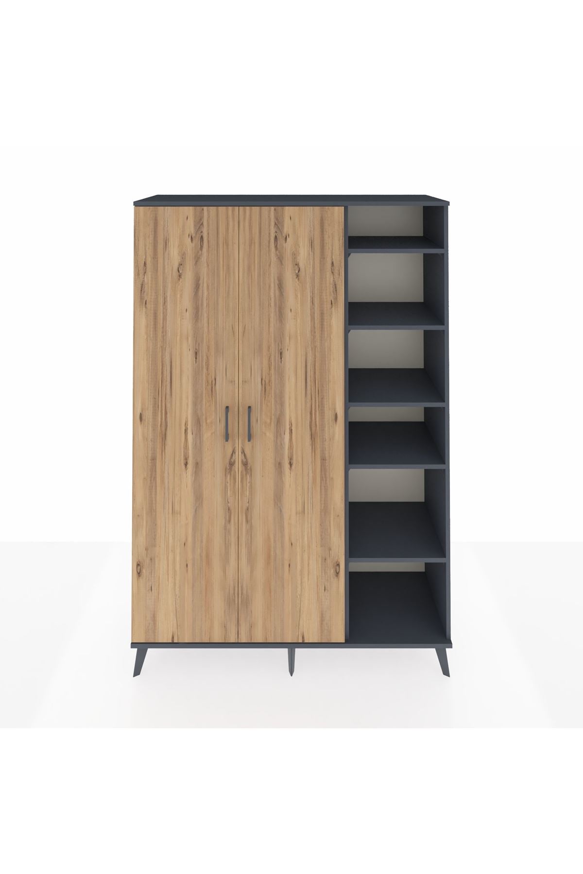 Hyperion Dolap 7 Raflı 2 Kapaklı Tek Askılı 132x44x195 Antrasit-Çam/Çam