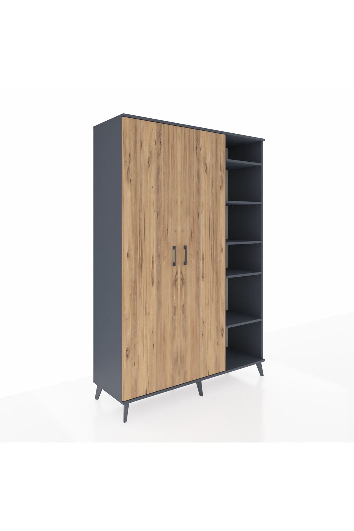 Hyperion Dolap 7 Raflı 2 Kapaklı Tek Askılı 132x44x195 Antrasit-Çam/Çam