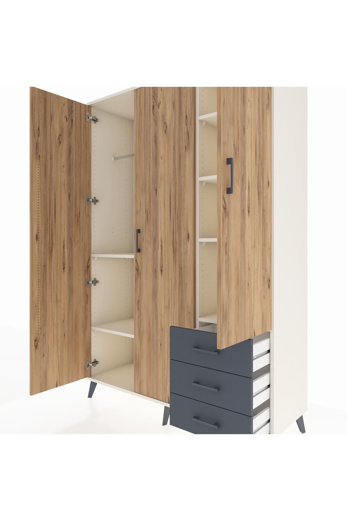 Hyperion Dolap 6 Raflı 3 Çekmeceli Tek Askılı 132x44x195 Aytaşı-Çam/Antrasit