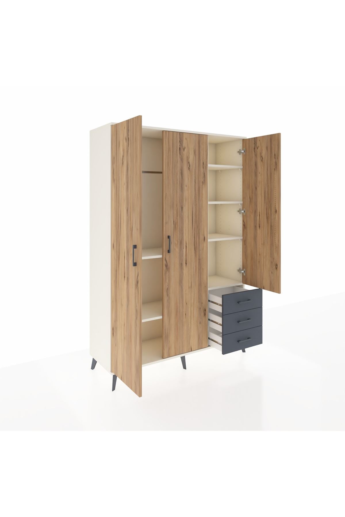 Hyperion Dolap 6 Raflı 3 Çekmeceli Tek Askılı 132x44x195 Aytaşı-Çam/Antrasit