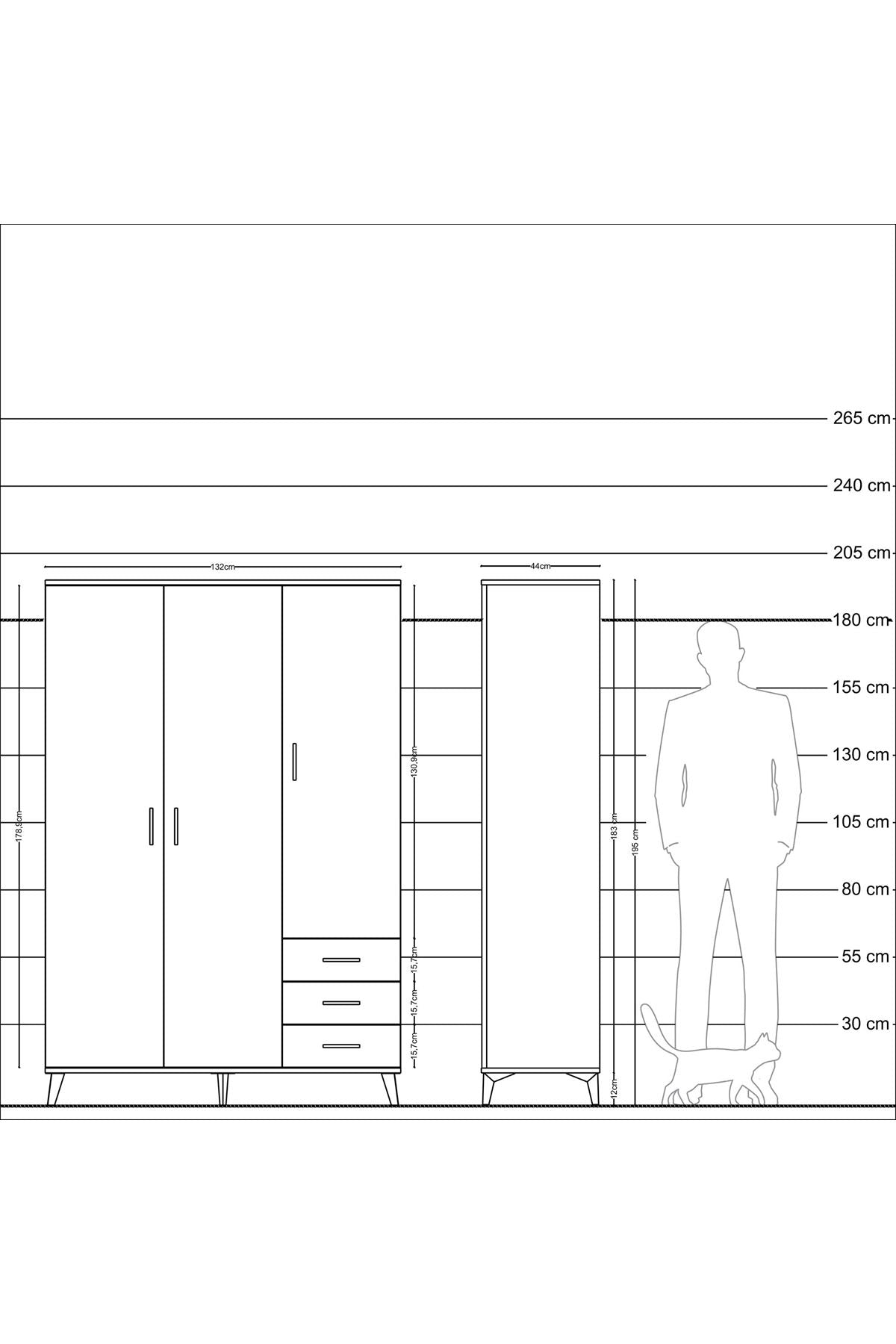 Hyperion Dolap 6 Raflı 3 Çekmeceli Tek Askılı 132x44x195 Aytaşı-Çam/Antrasit