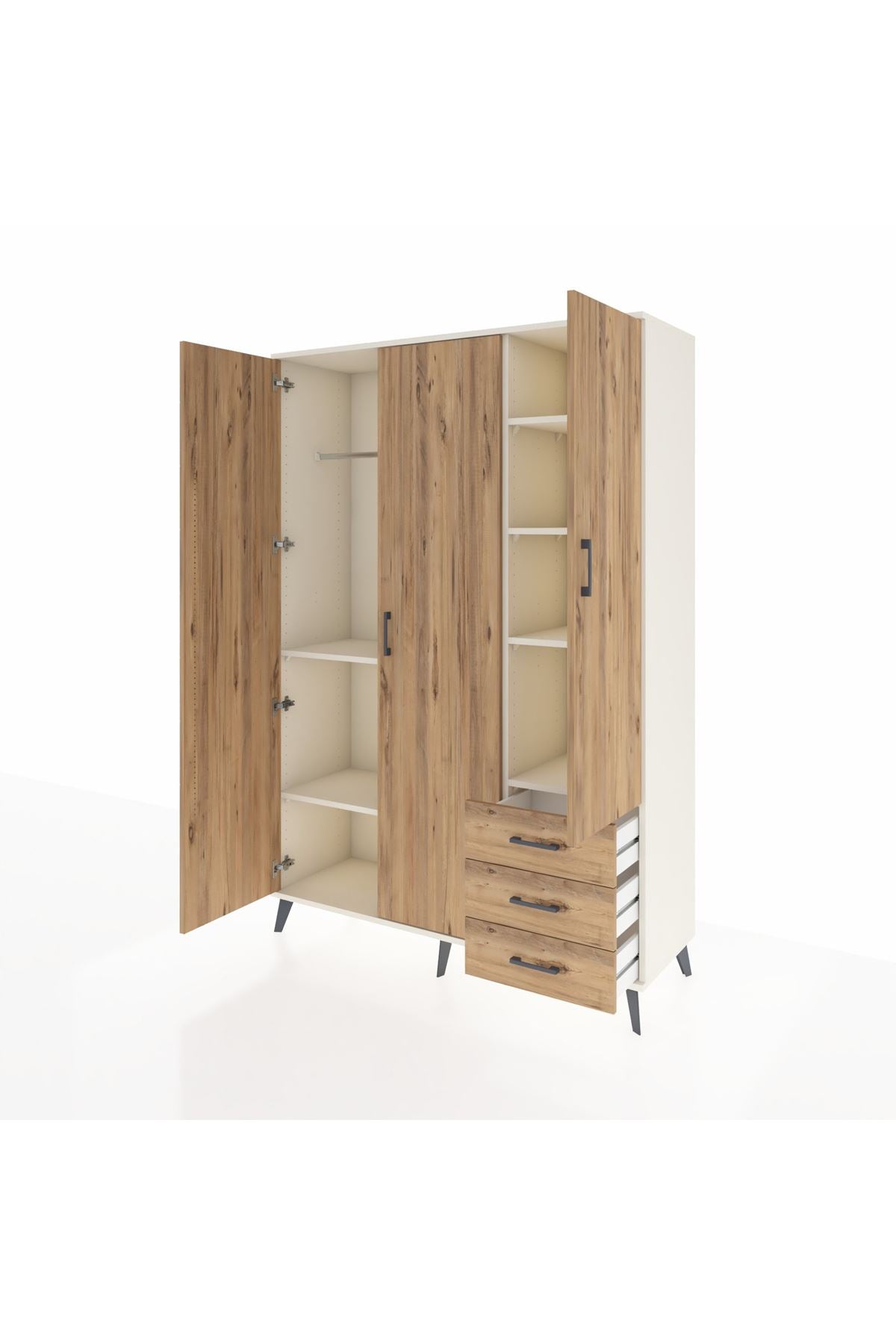 Hyperion Dolap 6 Raflı 3 Çekmeceli Tek Askılı 132x44x195 Aytaşı-Çam/Çam